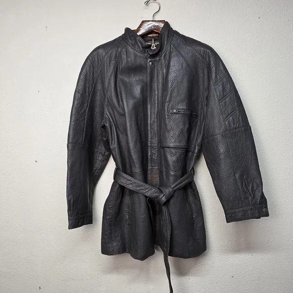 Clout Men's Gray Faux Pebble Leather Belted Jacket Vintage 1980_1990s Size 42